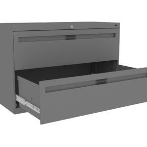 A gray metal filing cabinet with two drawers. The top drawer is closed, and the bottom drawer is pulled open, showing its interior. The cabinet has a lock on the top drawer.