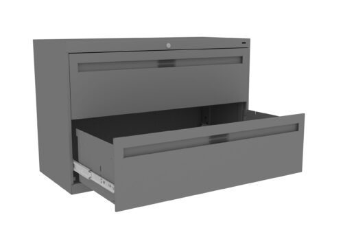 o57ebziyksvo70onw6vr.jpg A gray metal filing cabinet with two drawers. The top drawer is closed, and the bottom drawer is pulled open, showing its interior. The cabinet has a lock on the top drawer.