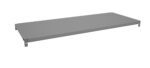 Image of a flat, rectangular metal shelf, gray in color, viewed from an angle. It has two brackets on each end for mounting and appears to be designed for use in shelving units. The background is plain white.