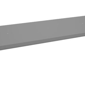 Image of a flat, rectangular metal shelf, gray in color, viewed from an angle. It has two brackets on each end for mounting and appears to be designed for use in shelving units. The background is plain white.