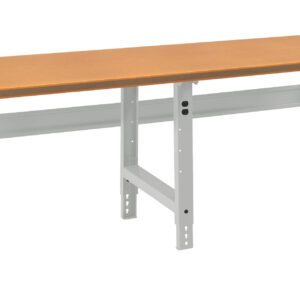 A sturdy workbench with a wooden top and adjustable metal legs. The frame is light grey, and the design is minimalistic and functional, suitable for workshops or garages.