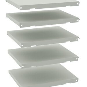 Five gray, flat, rectangular shelves are shown in a vertical stack with equal spacing between them, displayed against a white background. Each shelf has small holes near the corners for mounting or assembly.