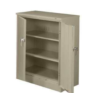 An open metal storage cabinet with two doors, featuring two adjustable shelves inside. The cabinet is light gray in color and has locking handles on each door. The design is industrial and functional, suitable for office or workshop use.