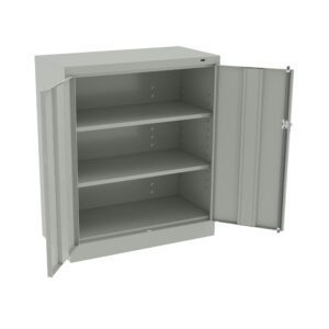 A gray metal storage cabinet with double doors open, revealing three empty shelves inside. The cabinet has a simple, industrial design and is slightly elevated off the floor.