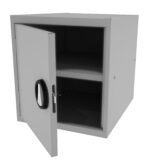A gray metal cabinet with a single door slightly ajar, revealing two empty shelves inside. It has a black handle on the front and a simple, boxy design.