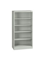 A light gray, five-shelf bookcase standing upright. The shelves are empty and evenly spaced, with a solid back panel. The design is simple and functional, suitable for organizing books or office supplies.