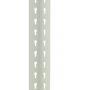 A vertical metal strip with evenly spaced triangular perforations along its length, shown against a white background. The strip is narrow and light in color.
