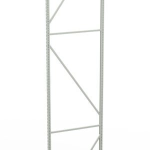 Tall, silver metal shelving rail with diagonal and horizontal braces forming triangular sections. The structure is photographed against a plain white background.