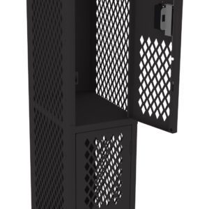 Black metal locker with perforated lattice design. The locker is open, revealing two shelves in the upper compartment and additional space in the lower compartment. Both sections have handles for opening.