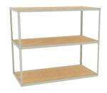 A three-tier metal shelving unit with wooden boards on each level, standing on a white background.