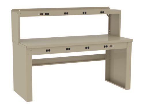 A beige workbench with an upper shelf and multiple electrical outlets along the front edge. The design is industrial, suitable for workshops or laboratories. The structure is made of sturdy material, providing ample workspace.