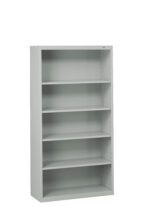 A metal bookshelf with a minimalist design, featuring five empty shelves and a light gray finish. The shelf has a simple, boxy structure and is photographed against a plain, white background.