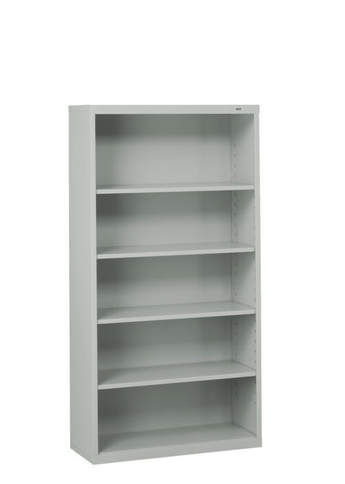 occfn2rfazatnr95un8d.jpg A metal bookshelf with a minimalist design, featuring five empty shelves and a light gray finish. The shelf has a simple, boxy structure and is photographed against a plain, white background.