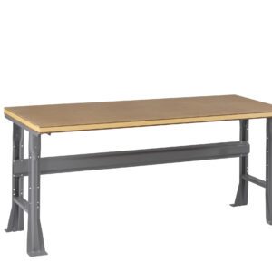 A sturdy workbench with a wooden top and gray metal legs. The design includes a horizontal metal support beam for added stability. The surface is flat, suitable for various tasks, and the legs have multiple holes for adjustability.