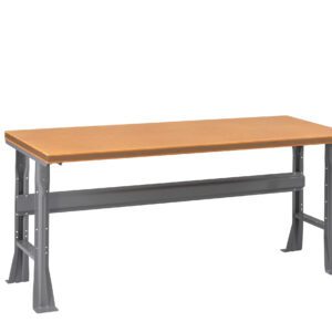 A sturdy workbench with a light brown wooden top and gray metal legs. The legs have reinforced bars for stability. The bench is shown on a plain white background.