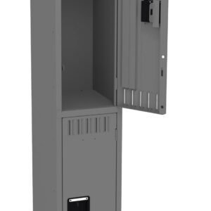 A tall, narrow, gray metal locker is shown with one of its two doors open. The open door reveals an empty, spacious interior with a small shelf at the top. The locker has ventilation slots and is suitable for secure storage.