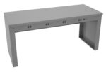 A gray, rectangular steel workbench with multiple circular holes along the front edge. The design is simple and industrial, featuring a solid build with flat surfaces and open sides, set against a plain white background.
