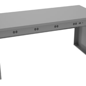 A gray, rectangular steel workbench with multiple circular holes along the front edge. The design is simple and industrial, featuring a solid build with flat surfaces and open sides, set against a plain white background.