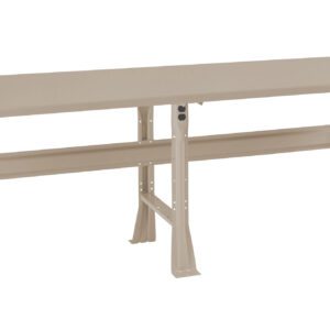 A long, beige workbench with metallic construction and sturdy legs. The bench has a rectangular top and is supported by two U-shaped legs on each side, featuring a reinforced bar underneath for stability. The design is simple and functional.