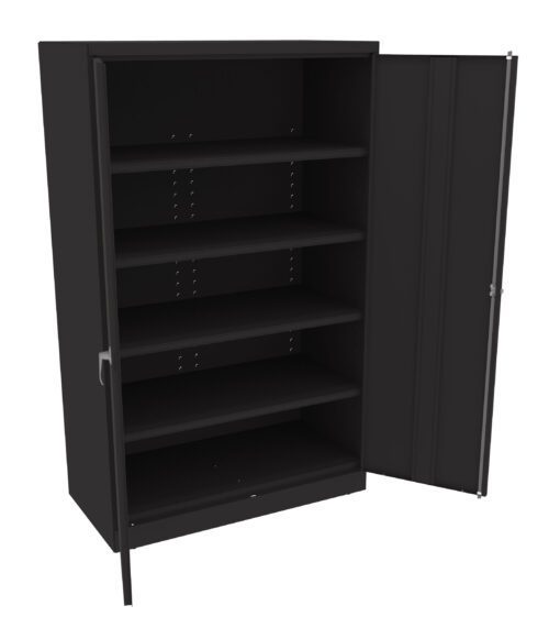 Black metal cabinet with a slightly open door, revealing five adjustable shelves inside. The cabinet is empty and has a sleek, minimalist design.