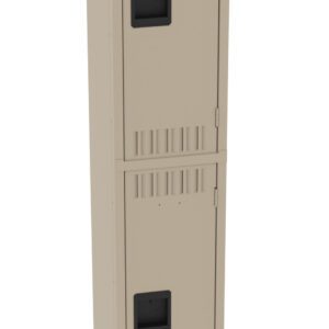 A beige metal locker with two compartments, each featuring a black handle and ventilation slits. The locker stands on legs and is set against a plain white background.