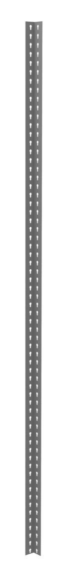 A long, vertical metal post with numerous holes arranged in two parallel lines. The holes are diamond-shaped and evenly spaced. The post has a grey color and a smooth surface.