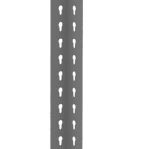 A long, vertical metal post with numerous holes arranged in two parallel lines. The holes are diamond-shaped and evenly spaced. The post has a grey color and a smooth surface.