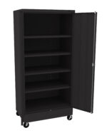 A tall, black metal storage cabinet on wheels with one open door. It has five adjustable shelves and a smooth, minimalist design, suitable for office or garage organization.