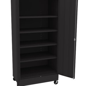 A tall, black metal storage cabinet on wheels with one open door. It has five adjustable shelves and a smooth, minimalist design, suitable for office or garage organization.