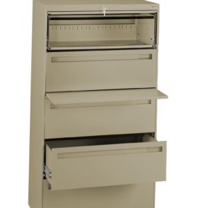 A beige, four-drawer filing cabinet with two drawers open. The top compartment is unlocked and slightly ajar. The open drawers display a metal rail for file organization. The cabinet stands upright against a plain white background.