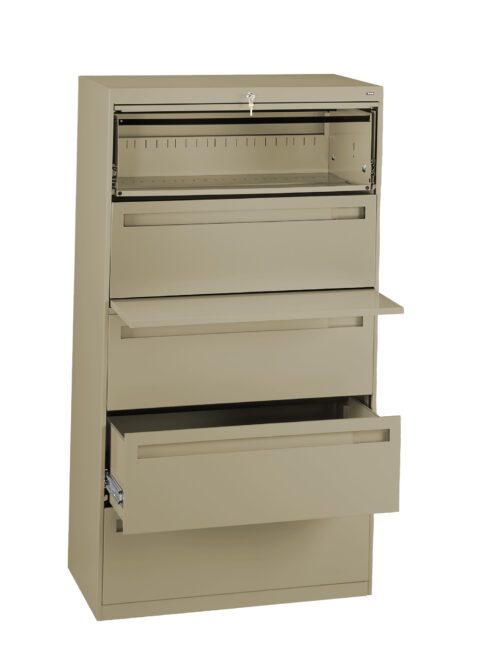 A beige, four-drawer filing cabinet with two drawers open. The top compartment is unlocked and slightly ajar. The open drawers display a metal rail for file organization. The cabinet stands upright against a plain white background.
