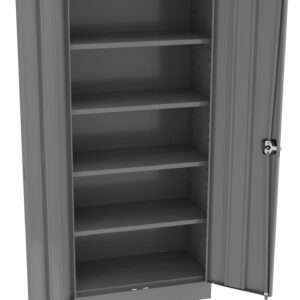 A gray, metal storage cabinet with two open doors revealing five spacious shelves inside. The cabinet is standing on a flat surface, and a lock mechanism is visible on one of the doors.