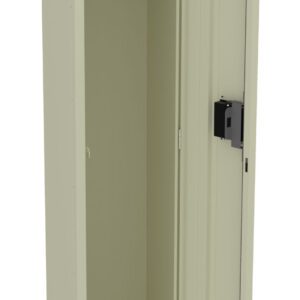A tall, beige metal locker stands open, revealing an interior with a single top shelf and a clothing rod beneath it. The locker door has a black latch and ventilation slots near the top and bottom.