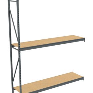 Three-tier industrial shelving unit with gray metal frame and wooden shelves. The structure is empty, showcasing its spacious design and sturdy construction, suitable for storage or organizational purposes.