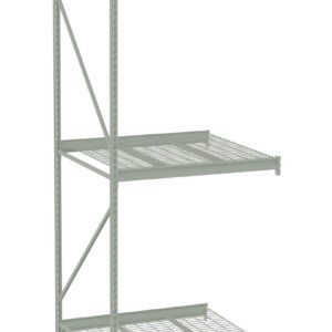 A metal shelving unit with three wire grid shelves. The frame is open on all sides, featuring a sparse, industrial design. The shelves are evenly spaced, and the unit is a light gray color against a plain white background.