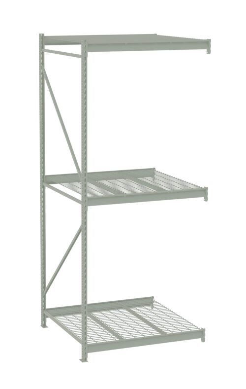 A metal shelving unit with three wire grid shelves. The frame is open on all sides, featuring a sparse, industrial design. The shelves are evenly spaced, and the unit is a light gray color against a plain white background.