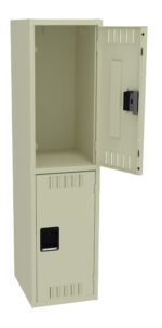 A beige metal locker with two compartments. The upper door is open, showing an empty space, while the lower door is closed. Each door has small vents and handle slots. The locker stands upright against a plain background.