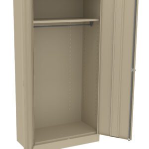 Beige metal storage cabinet with two doors, one open to reveal an empty interior. Inside, theres a horizontal hanging rod attached below an upper shelf. The cabinet is plain, showing a simple, functional design.