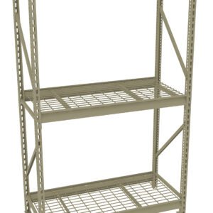 A metal storage rack with three shelves and a grid design. The shelves have a rugged, industrial look and the frame is reinforced with diagonal support beams. The structure is painted in an olive green color.
