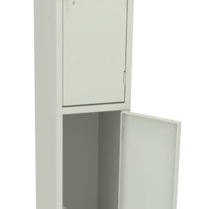 A tall, light gray metal storage locker with two compartments. The upper compartment is closed, and the lower compartment is open, showing an empty interior. The locker stands on four legs.