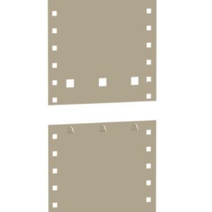 Two brown rectangular perforated cards, resembling vintage punch cards, are vertically aligned with a small gap in between. Each card features a series of evenly spaced holes along both sides and a few square holes at the bottom.