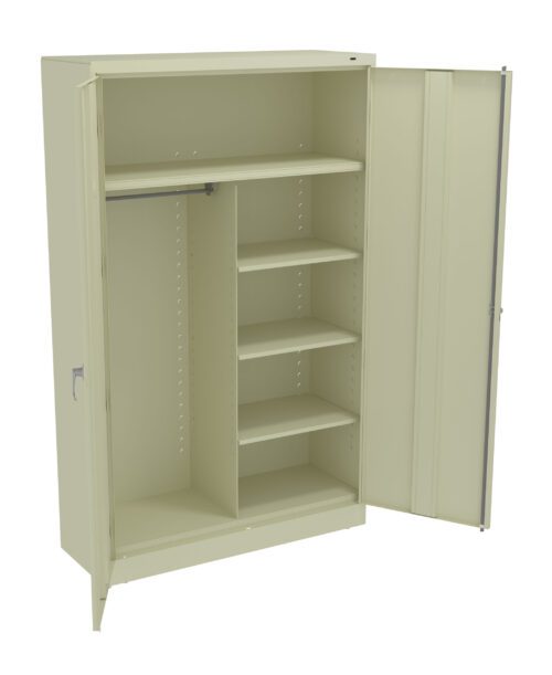 onsebpjgjlfhyzlul3kg.jpg Open beige cabinet with multiple shelves on the right side and a hanging rod on the left side. Two doors are partially open, displaying the interior storage options.