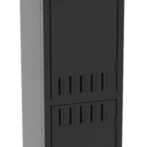 A tall, black metal locker with two compartments, each featuring a small vented section and a lock. The locker is standing upright with a sleek, minimalist design.