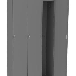 A gray metal locker with three compartments stands on a white background. The left and middle doors are closed, while the right door is open, revealing a clothes hook and a shelf inside. The locker is elevated on legs.