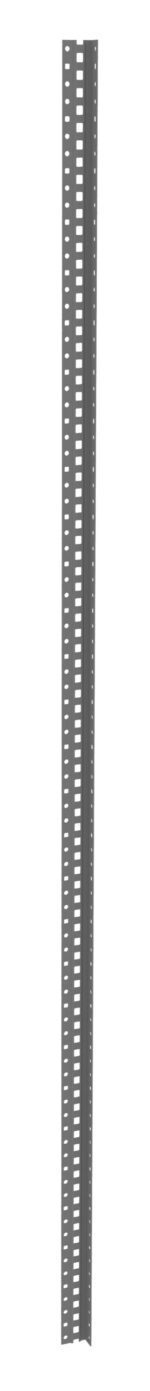 A tall, narrow, gray metal perforated angle bar with evenly spaced rectangular holes running vertically along its length. The bar is set against a plain white background.