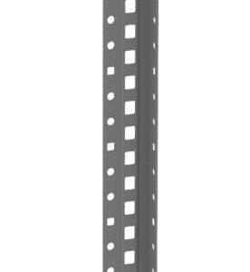 A tall, narrow, gray metal perforated angle bar with evenly spaced rectangular holes running vertically along its length. The bar is set against a plain white background.