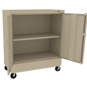 A beige metal storage cabinet on wheels with one open door. Inside are two shelves providing storage space. The cabinet is positioned against a plain white background.