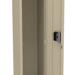 A tall, beige metal locker with its door open, showing an empty interior. It features a rail with a hook inside and a lock mechanism on the door.