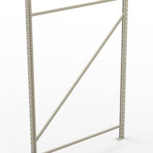 A metal shelving frame with two vertical posts connected by one horizontal and one diagonal support bar, against a plain white background.