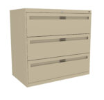 A beige three-drawer filing cabinet with horizontal handles is shown against a white background. The cabinet is closed and has a modern design.